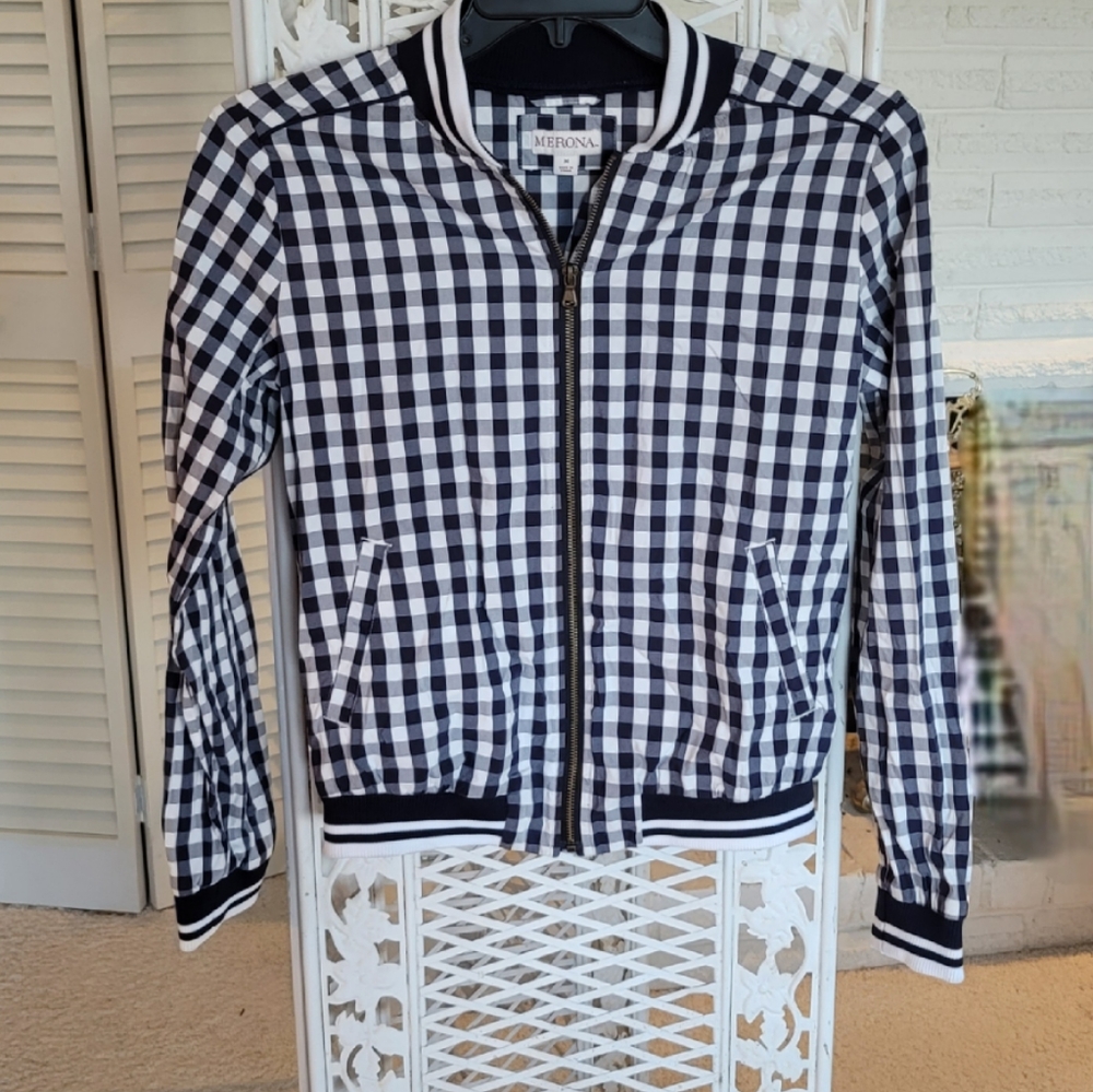 Navy Blue Gingham Varsity Jacket by Merona, sz M